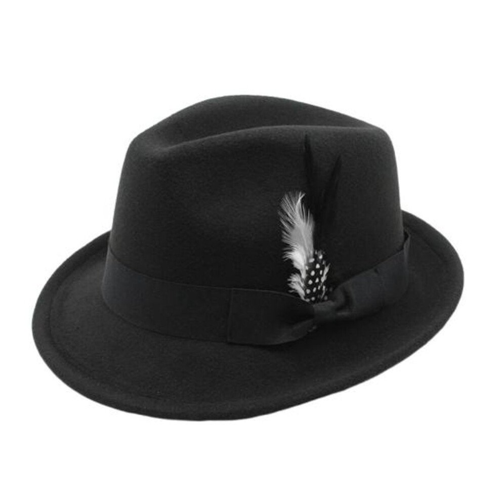 (black) Men Fedora Hat Feather And Bow Decor Vintage Short Brim Felt Hat Solid Color Women Panama Hat 1920s Floppy Hat For All-day Wear