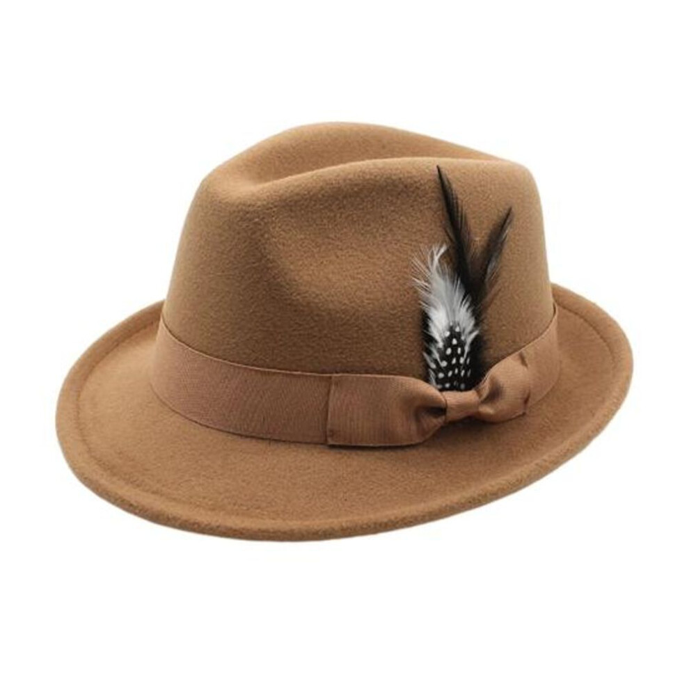 (khaki) Men Fedora Hat Feather And Bow Decor Vintage Short Brim Felt Hat Solid Color Women Panama Hat 1920s Floppy Hat For All-day Wear