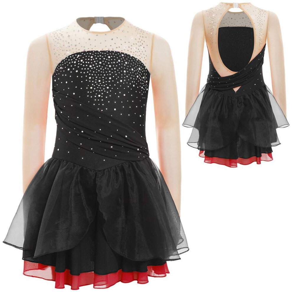 (black, 9-10 Years) Girls Ice Figure Skating Dress Ballet Dance Leotard Long Sleeve Ruched Mesh Overlay Tutu Skirt Lyrical Dancewear