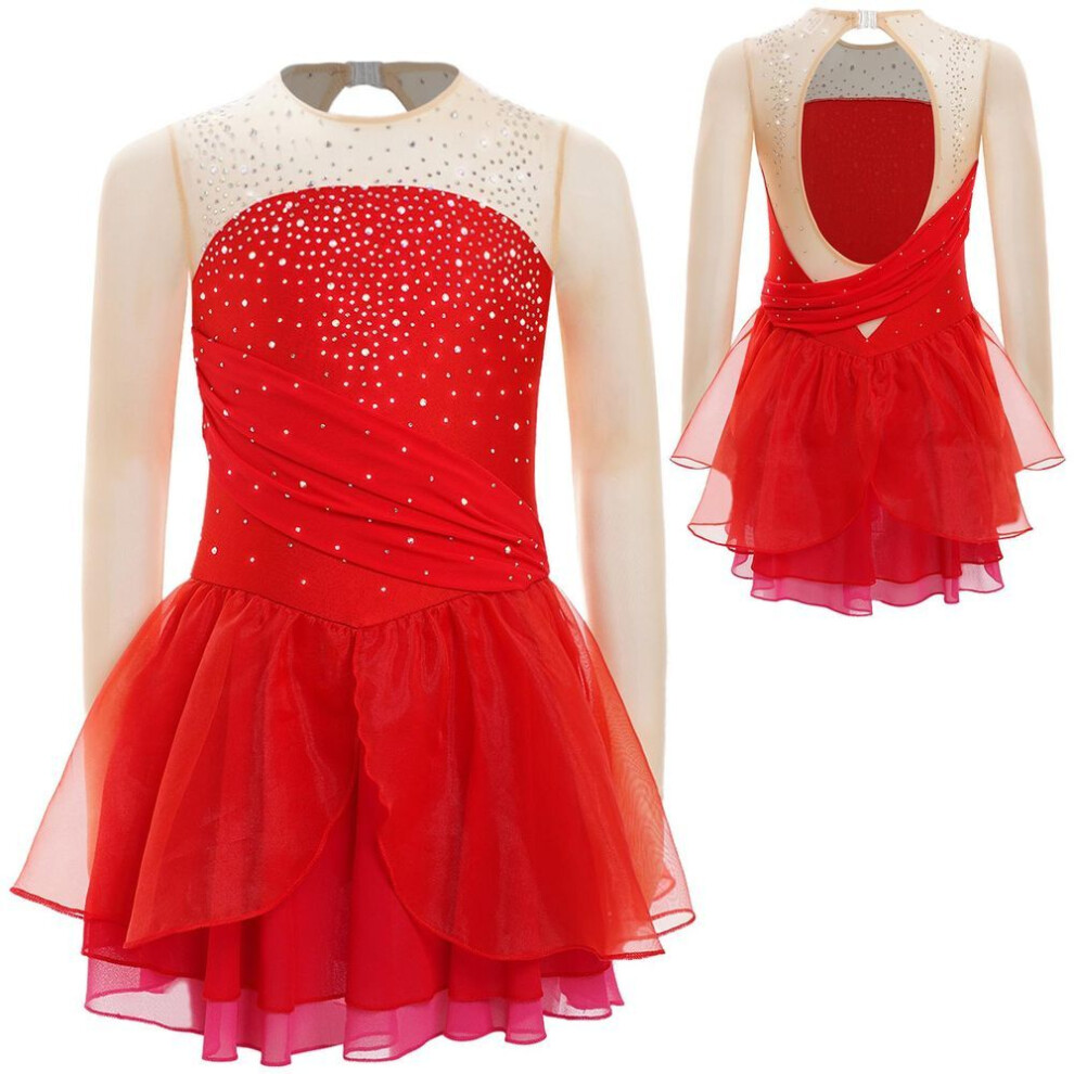 (red, 5-6 Years) Girls Ice Figure Skating Dress Ballet Dance Leotard Long Sleeve Ruched Mesh Overlay Tutu Skirt Lyrical Dancewear