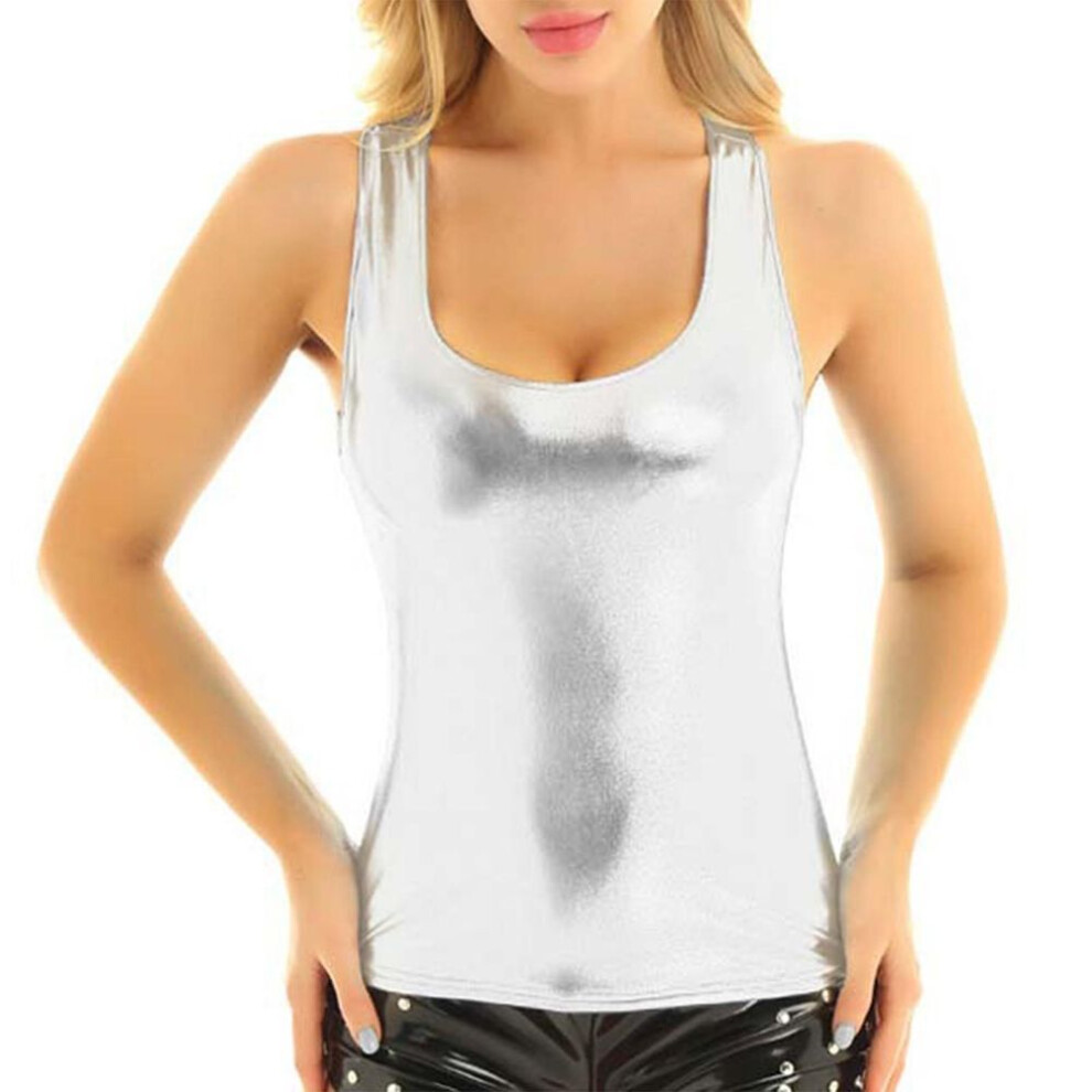 (XXL, silver) Women's Sexy Tank Top Tight U-Shaped T-Shirt Stage Performance Tank Top