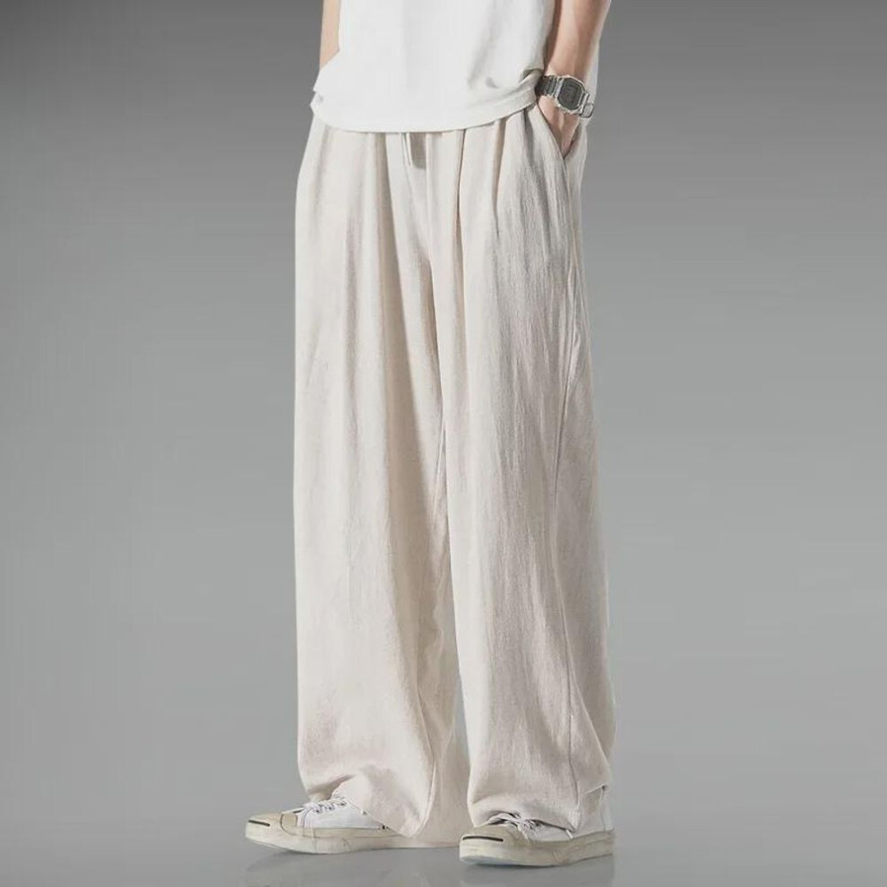 (off-white, 3XL) Plus Size Men's Loose Cotton & Linen Chinese-Style Wide-Leg Pants - Comfortable & Casual