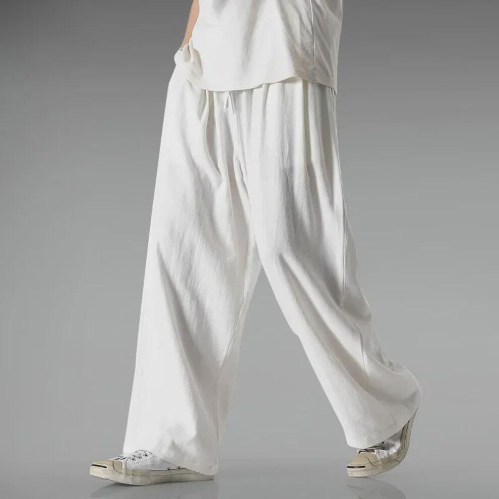 (white, 5XL) Plus Size Men's Loose Cotton & Linen Chinese-style Wide-leg Pants - Comfortable & Casual