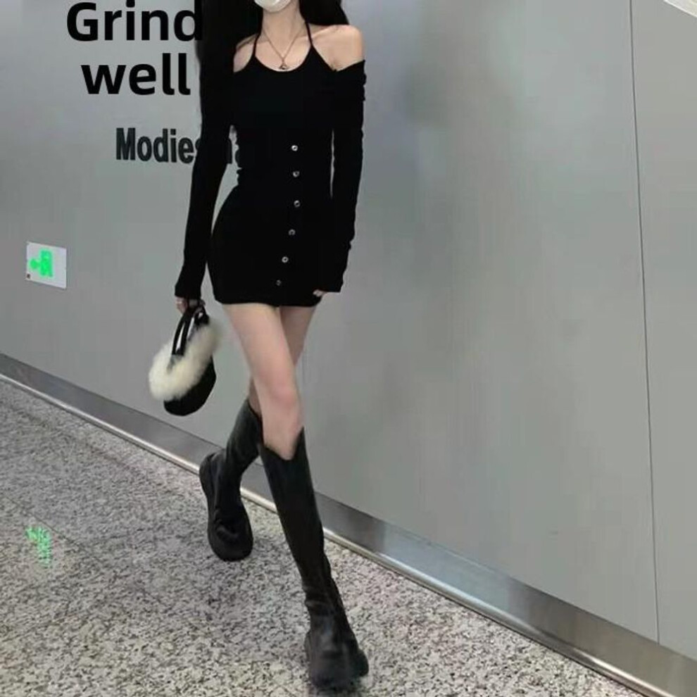 (Large) Black Suspender Two-piece Look Dress - Slimming Autumn 2025