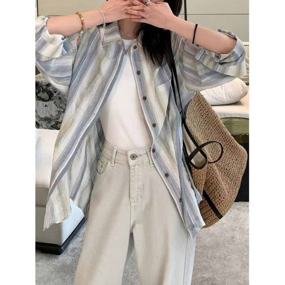 (XL) Women's Stripe Long-Sleeve Shirt: Casual Loose Fit, Spring/Autumn Cardigan Jacket, Sun Protection Top