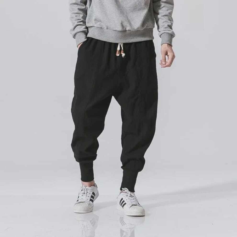 (black, 2XL) Men's Japanese-style Loose Harem Pants - Cotton & Linen Blend, Large Size, Trendy Korean Design