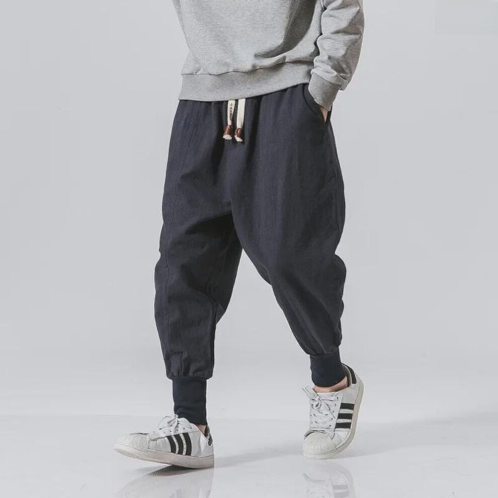 (navy blue, 3XL) Men's Japanese-style Loose Harem Pants - Cotton & Linen Blend, Large Size, Trendy Korean Design