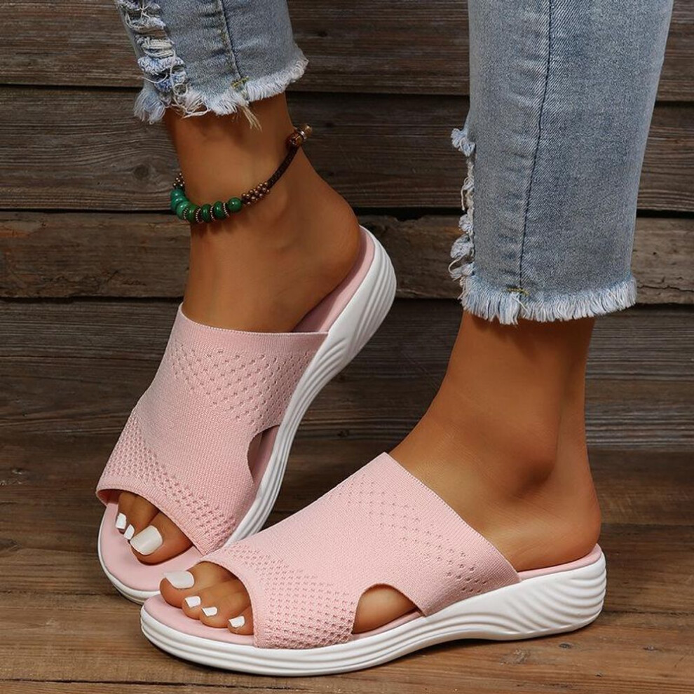 (pink, 41) Women's Summer Breathable Mesh Slippers Open-Toe Fish Mouth Flat Casual Large Size Outdoor Slides