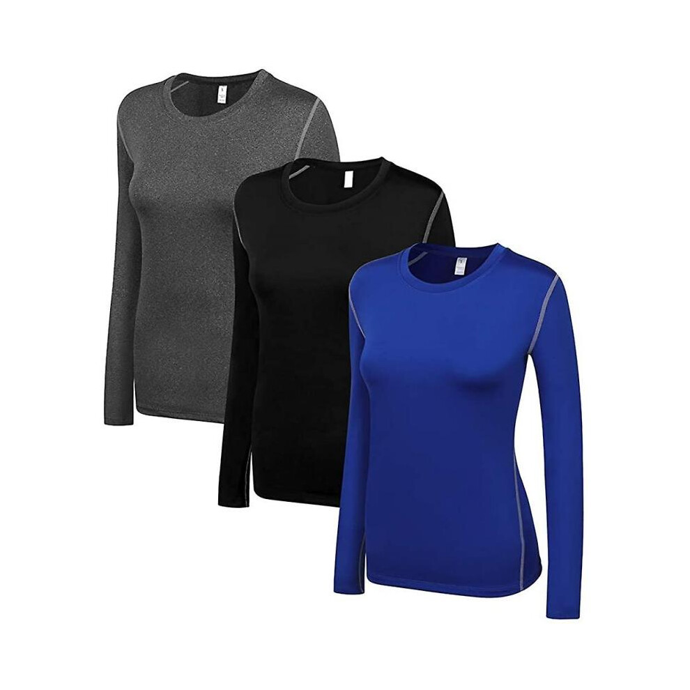 (Large, 3 Pack(black*grey*blue)) Women's Compression Shirt Dry Fit Long Sleeve Running Athletic T-Shirt Workout TopsSmall  3 Pack(black+white+grey)