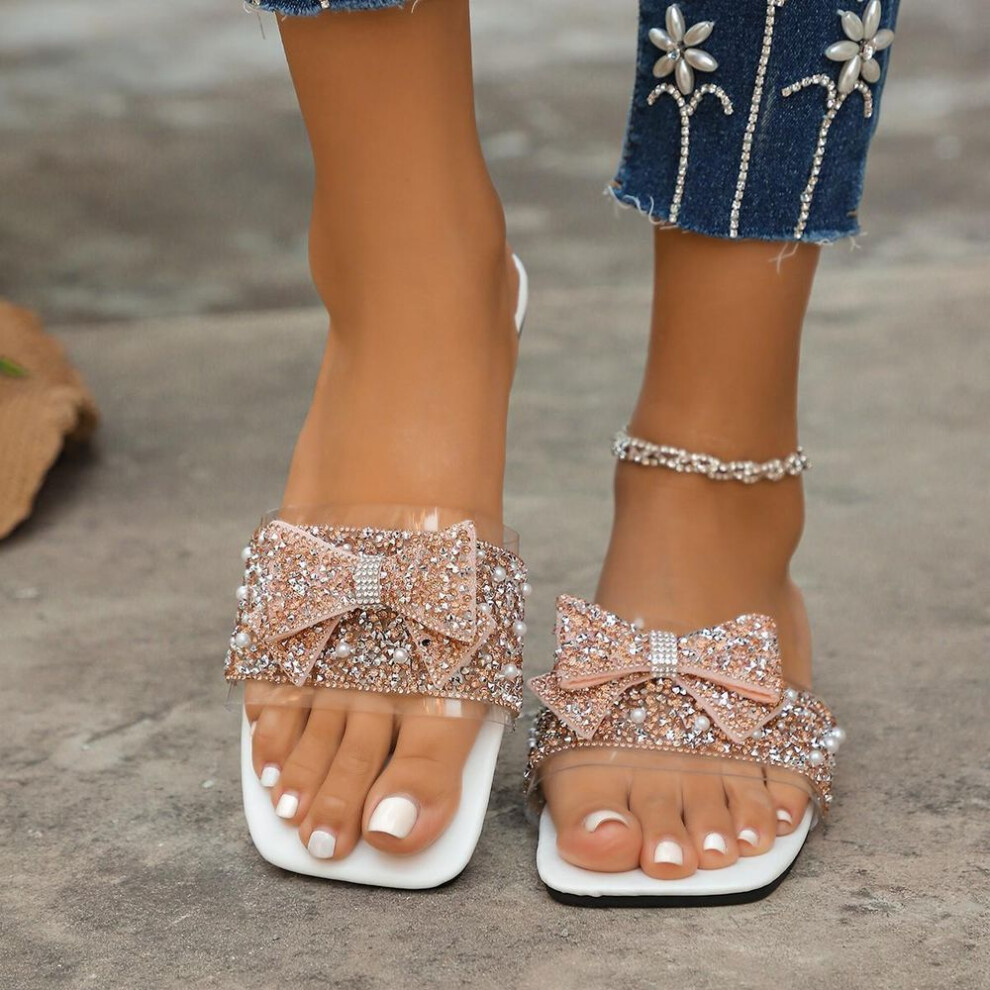 (champagne, 42) Rhinestone Bow Slippers For Women, Summer Fashion Block Heel Low Heel Dress Casual Sandals