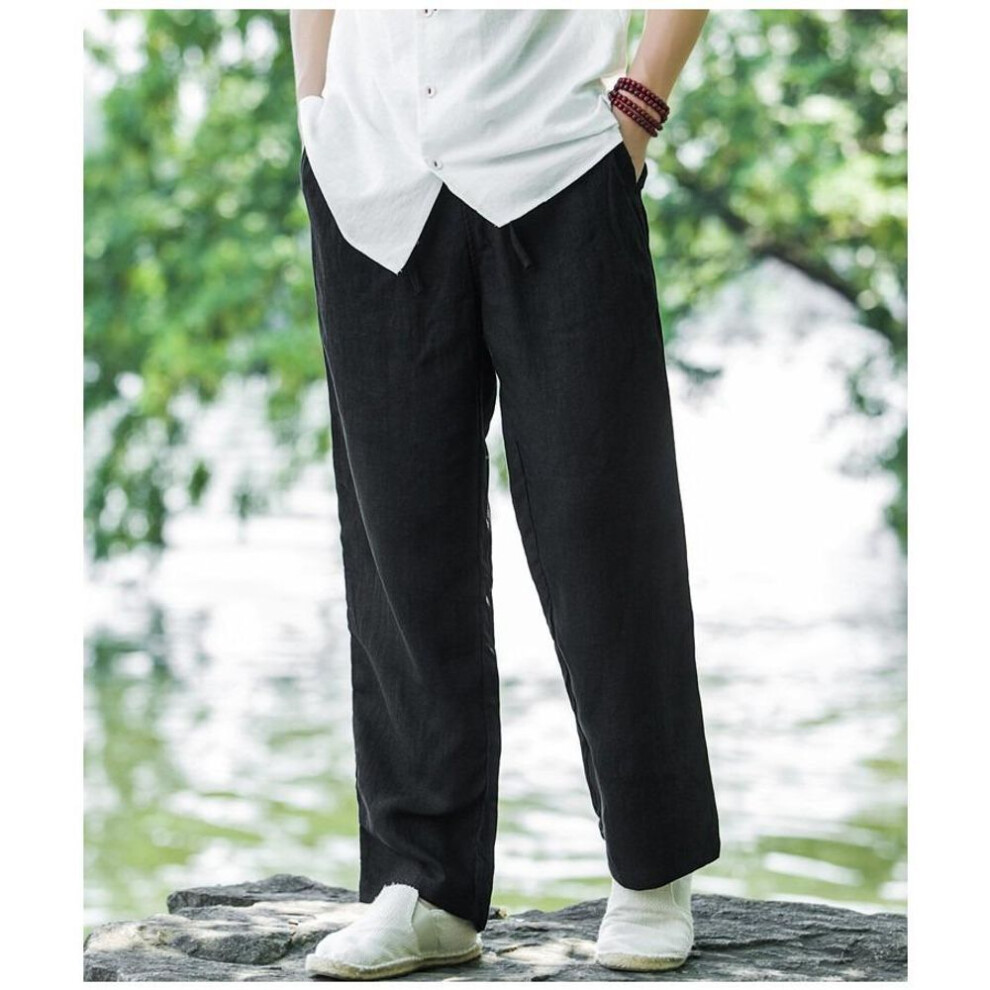 (black, 4XL) 2023 Men's Summer Breathable Cotton-linen Wide-leg Pants
