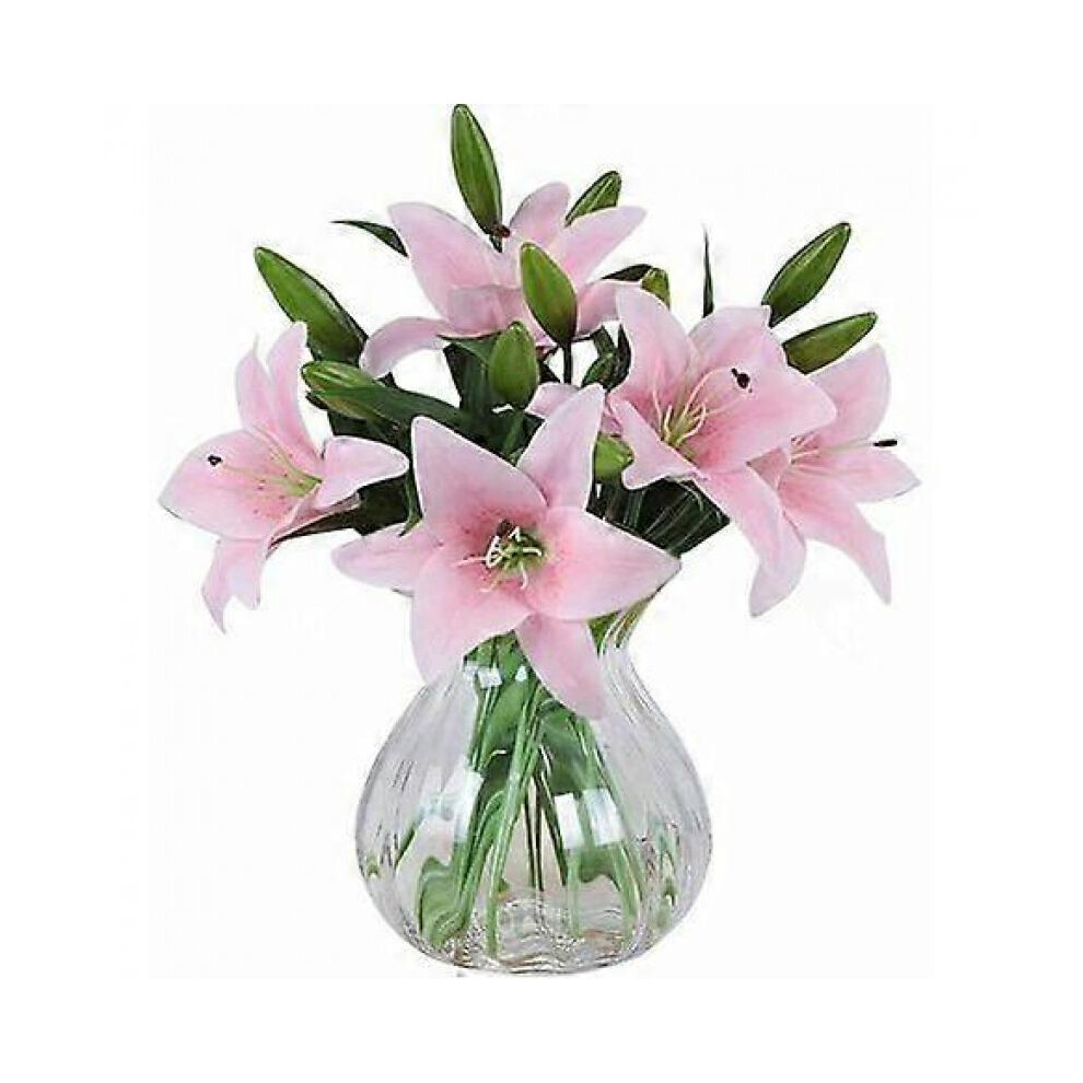 Artificial Flowers, 5pcs Real Touch Latex Artificial Lilies in Vase for Wedding Bouquet/Home Decor/Party/Grave Arrangement