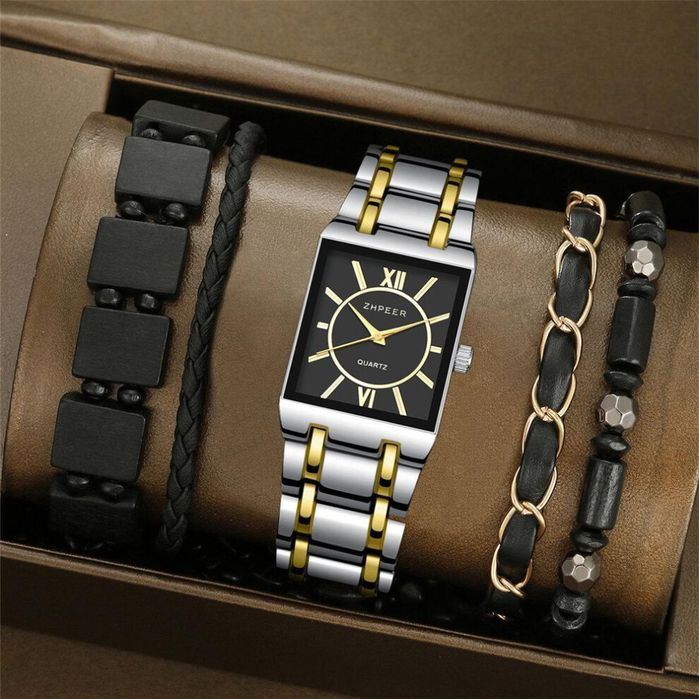 (silver) 5-piece Men's Square Watch Luxury Stainless Steel Clock and Men's Bracelet (box Not Included)