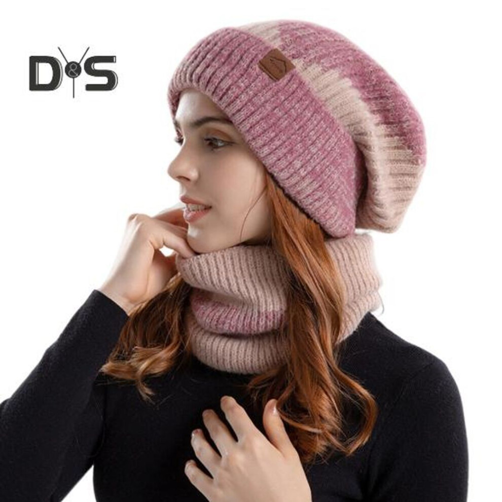 (pink) 2 Pcs/Set Men Winter Hat Neck Warmer Thick Knit Stretchy Contrast Color Ear Protection Keep Warm Daily Wear Dome Cap Outdoor Skiing Skating Headwear