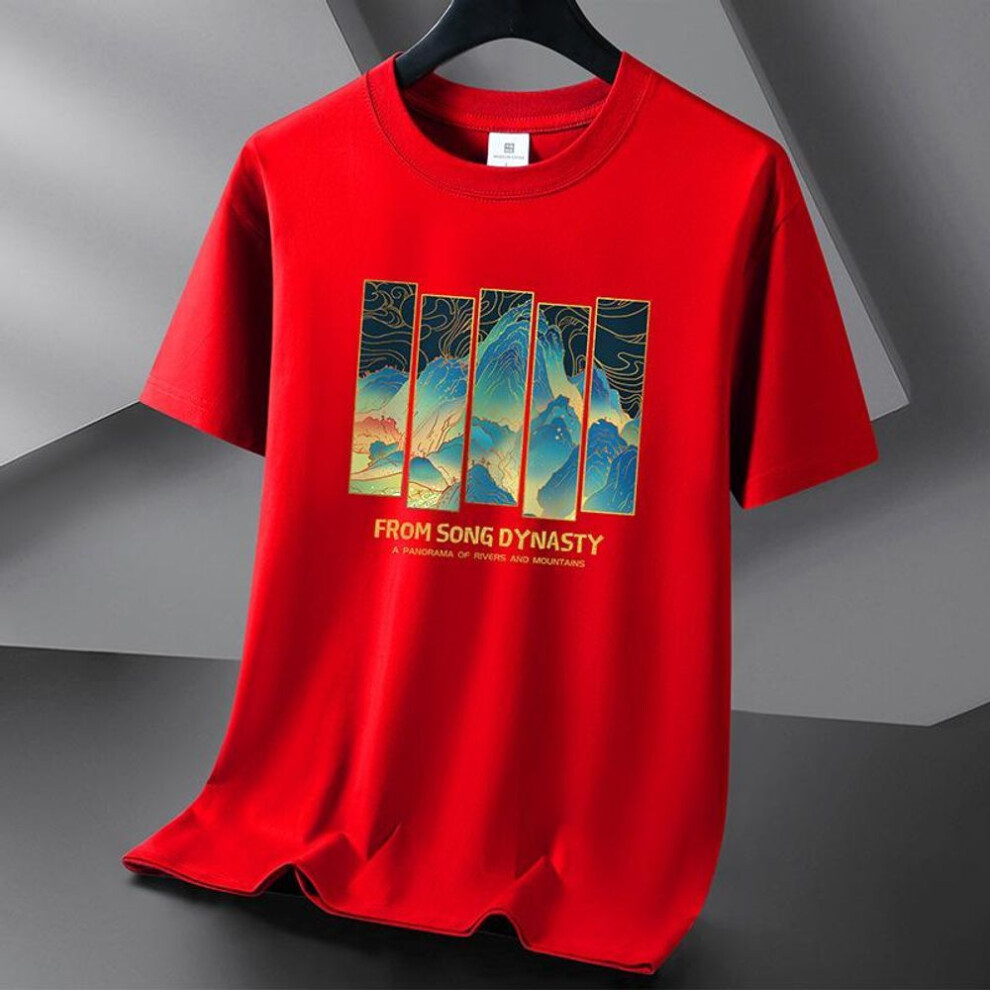 (red, XXXXL) Qiced Cotton Short-sleeved T-shirt Tide Casual Cotton Men's Summer O-neck Bottom Shirt