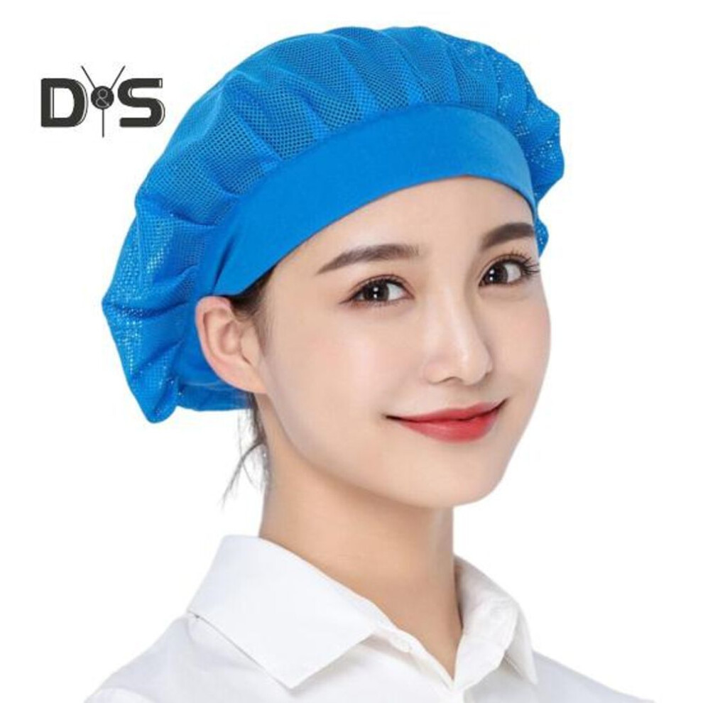(lake blue) Chef Hat Unisex Kitchen Hat Hotel Restaurant Cook Cap Good Breathability Hollow Mesh Solid Color Waiter Chef Work Cap Workshop Factory Hat