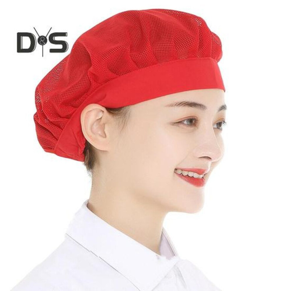 (red) Chef Hat Unisex Kitchen Hat Hotel Restaurant Cook Cap Good Breathability Hollow Mesh Solid Color Waiter Chef Work Cap Workshop Factory Hat