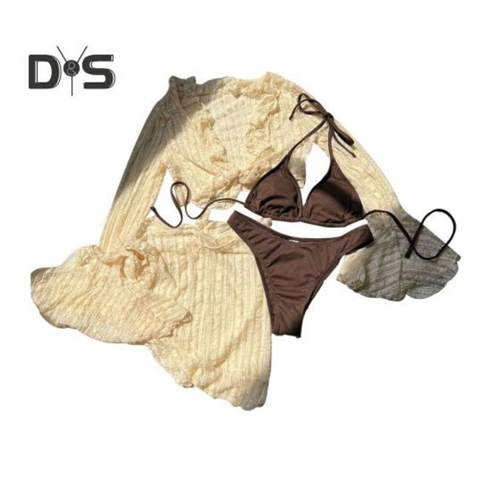 (S, beige) 4pcs/set Women Sexy Swimsuit Halter Bra With Lace-up Briefs Set Ruffle Trim Beach Style Long Sleeve Cover Up Tops Skirt Set