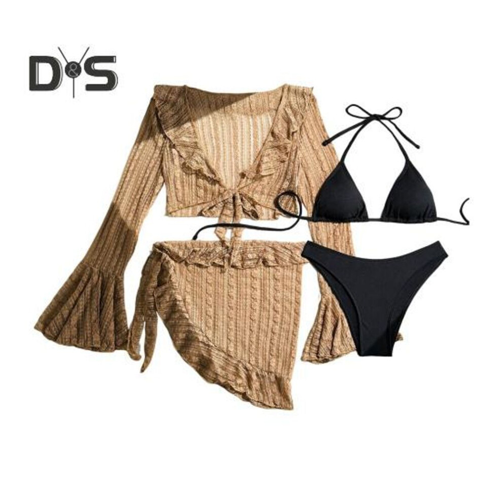 (S, coffee) 4Pcs/Set Women Sexy Swimsuit Halter Bra with Lace-up Briefs Set Ruffle Trim Beach Style Long Sleeve Cover Up Tops Skirt Set