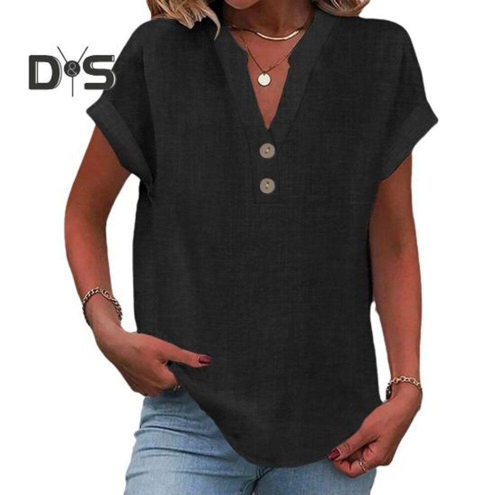 (M, black) Women Shirt V Neck Button Cap Sleeve Tunic Tops Casual Classic Style Solid Color Pullover Tops Daily Wear
