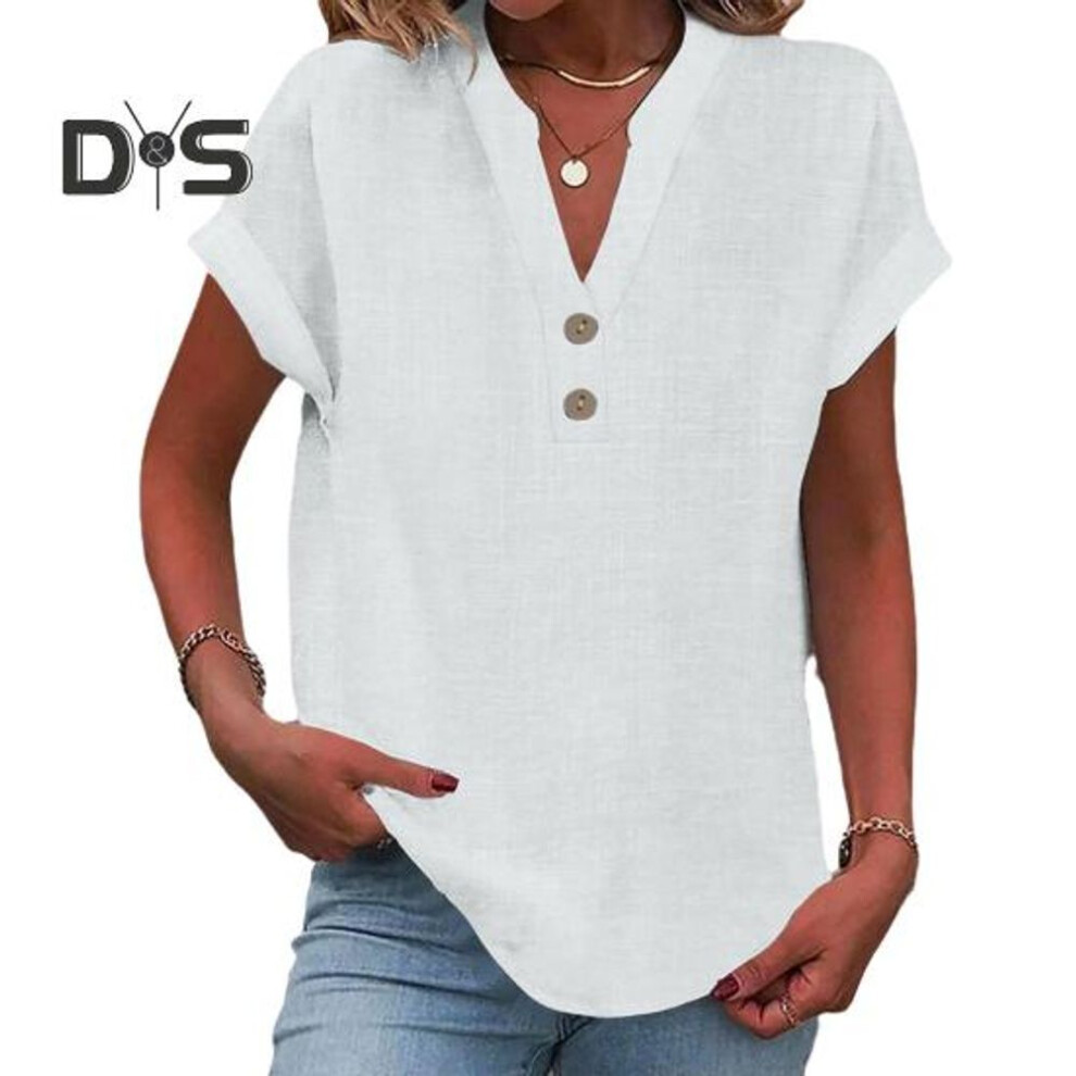 (S, white) Women Shirt V Neck Button Cap Sleeve Tunic Tops Casual Classic Style Solid Color Pullover Tops Daily Wear