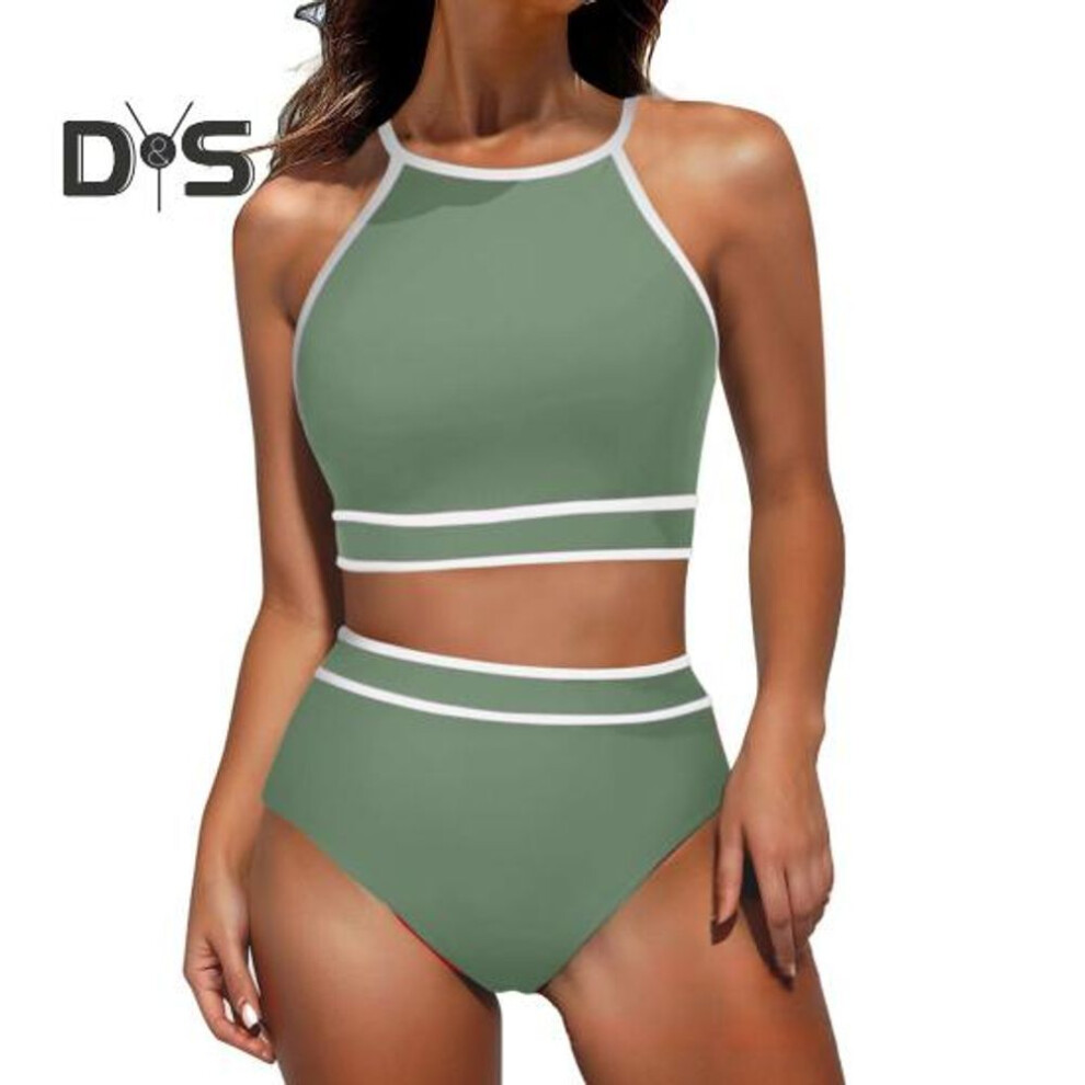 (L, army green) 2Pcs/Set Women Bikini Set Halter Racer Back Bra High Waist Swimming Briefs Set Sporty Color Block Swimsuit