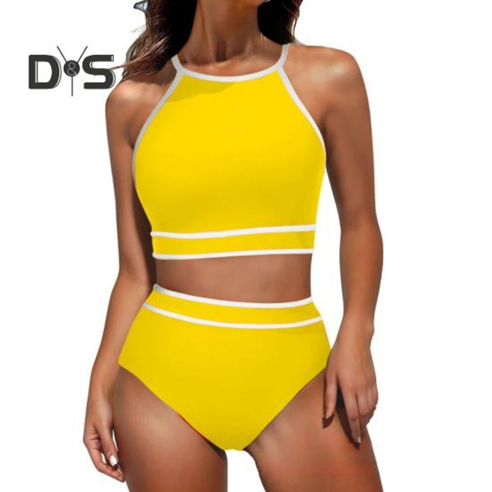 (S, yellow) 2Pcs/Set Women Bikini Set Halter Racer Back Bra High Waist Swimming Briefs Set Sporty Color Block Swimsuit