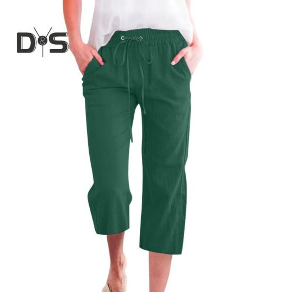 (dark green, XXL) Women Cropped Pants Mid-rise Elastic Waist Adjustable Drawstring Casual Pants With Pockets Loose Fit Summer Pants