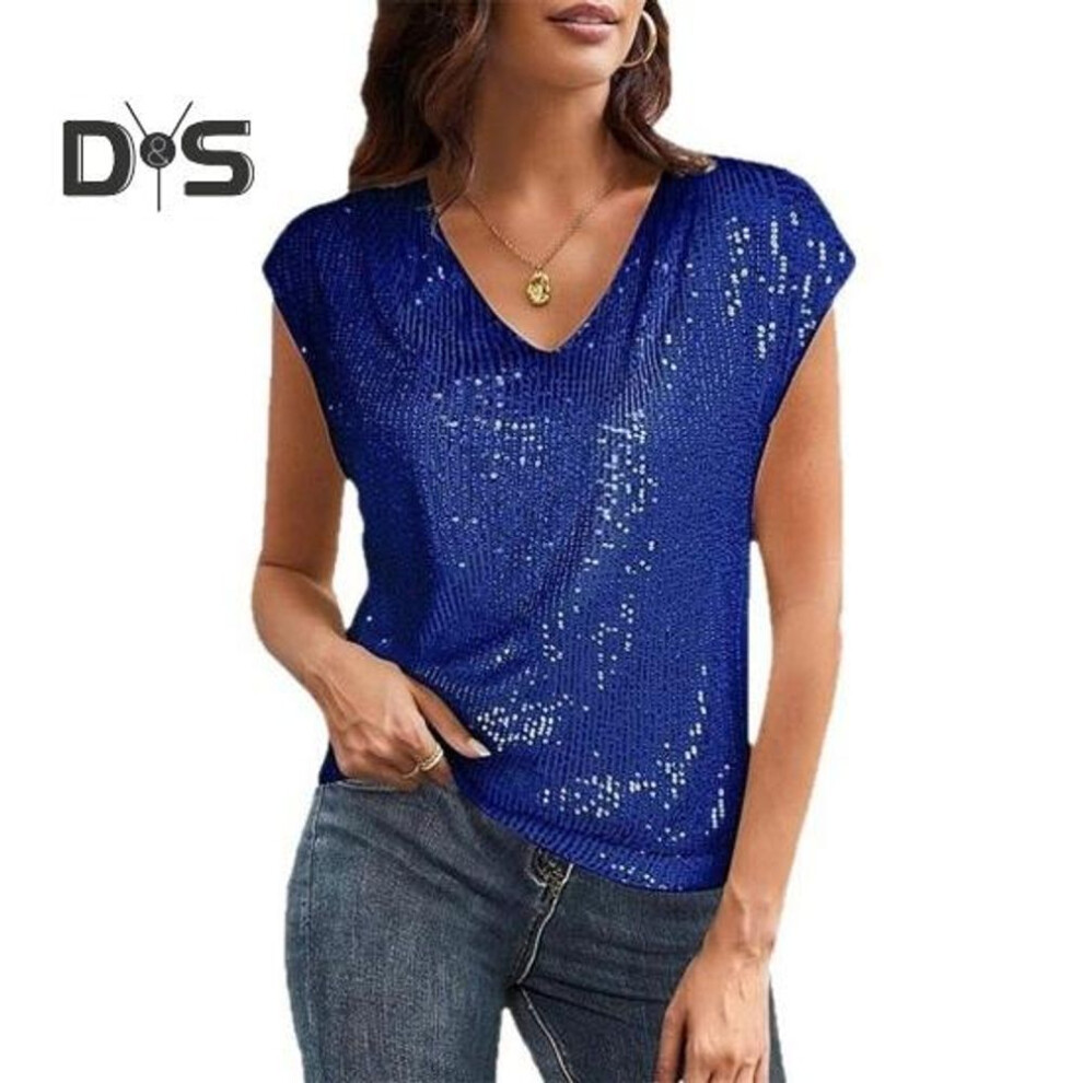 (M, blue) Women Vest Sparkling Sequin Tank Top V Neck Short Sleeve Elastic Party Tops Summer Loose Fit Vest Daily Wear