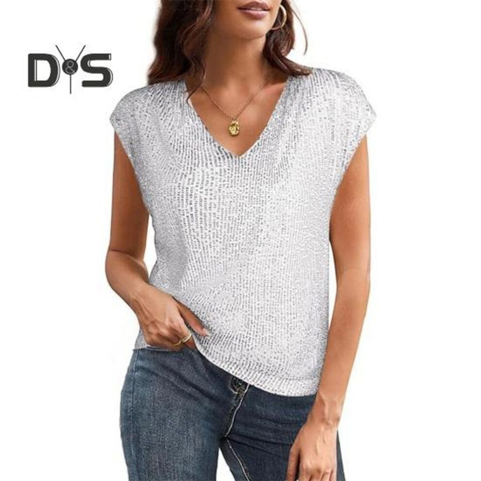 (XXL, silver) Women Vest Sparkling Sequin Tank Top V Neck Short Sleeve Elastic Party Tops Summer Loose Fit Vest Daily Wear