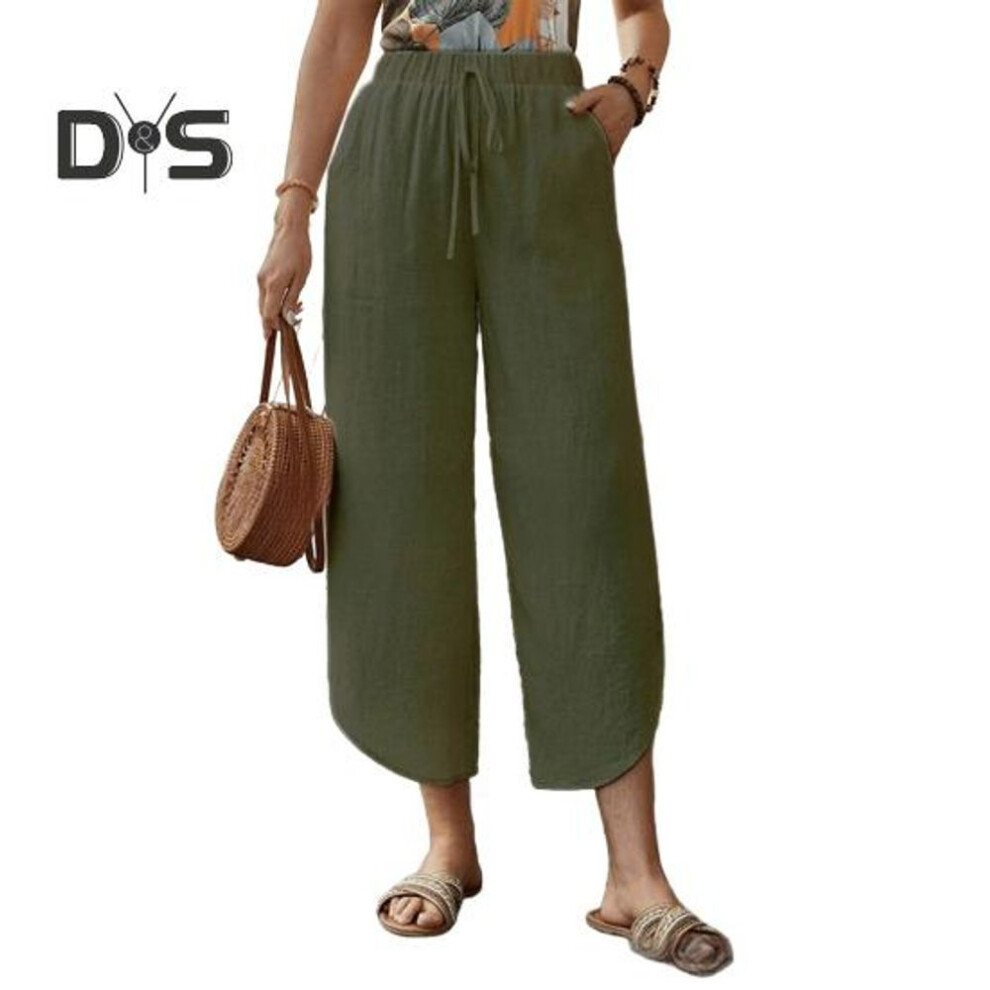(army green, S) Women Pants Adjustable Drawstring Elastic Waist Casual Trousers Solid Color Wide Leg Loose Pants Daily Wear