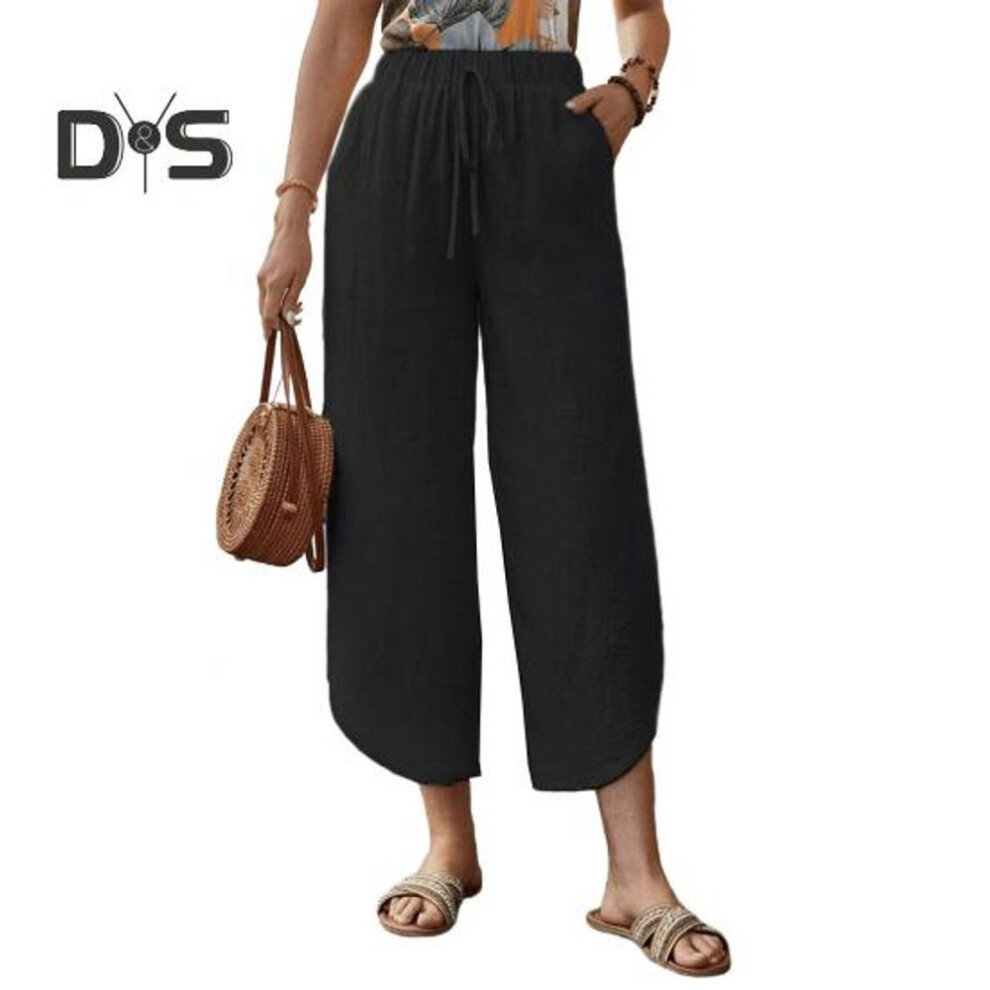 (black, 2XL) Women Pants Adjustable Drawstring Elastic Waist Casual Trousers Solid Color Wide Leg Loose Pants Daily Wear