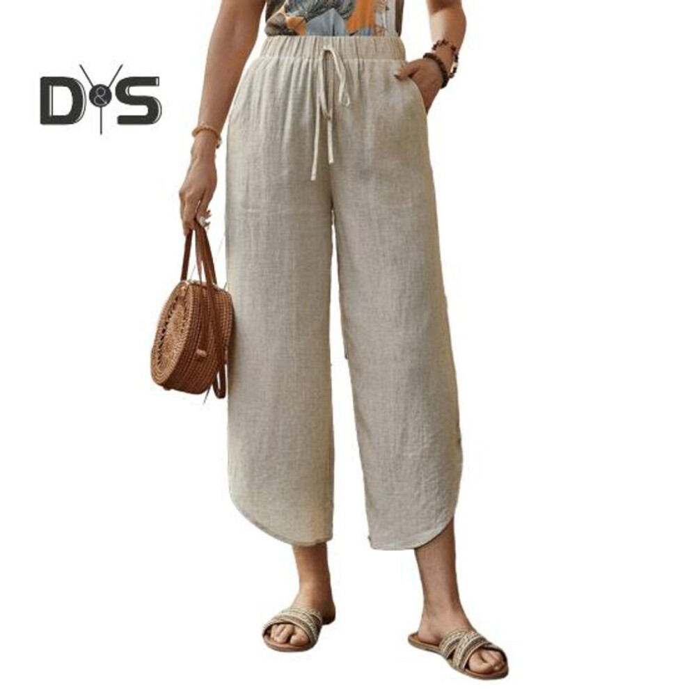 (apricot, XL) Women Pants Adjustable Drawstring Elastic Waist Casual Trousers Solid Color Wide Leg Loose Pants Daily Wear