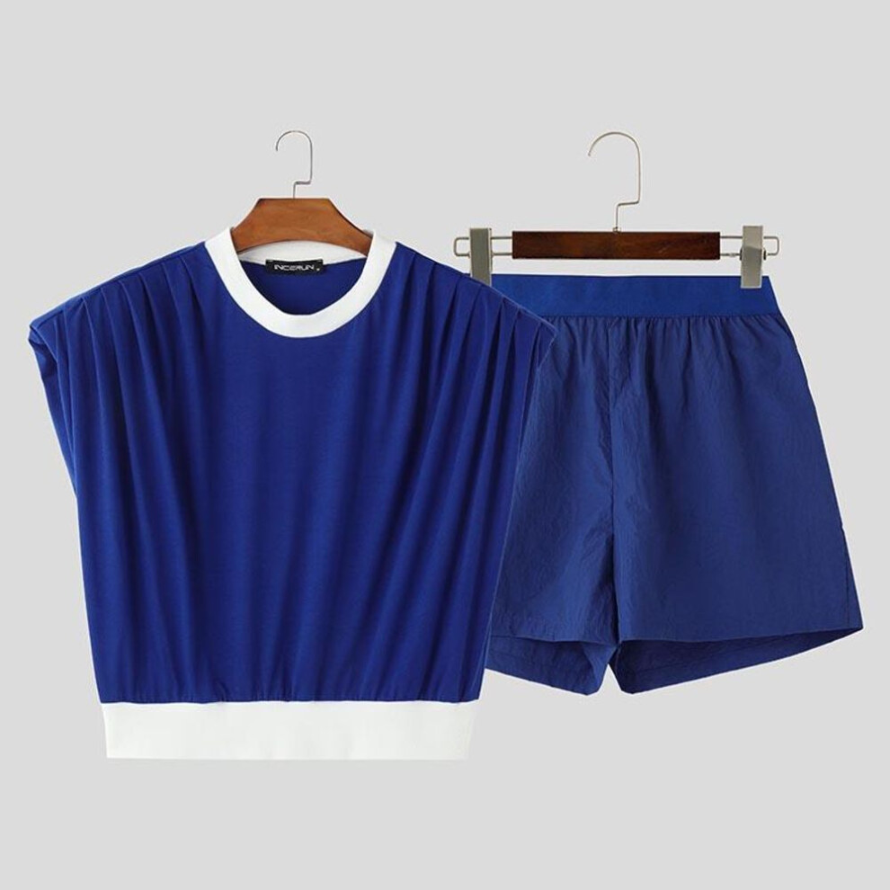(blue, 4XL) Incerun Summer Two Piece Suit Men Sleeveless Tops Short Pants Sets Casual Sport Outfits