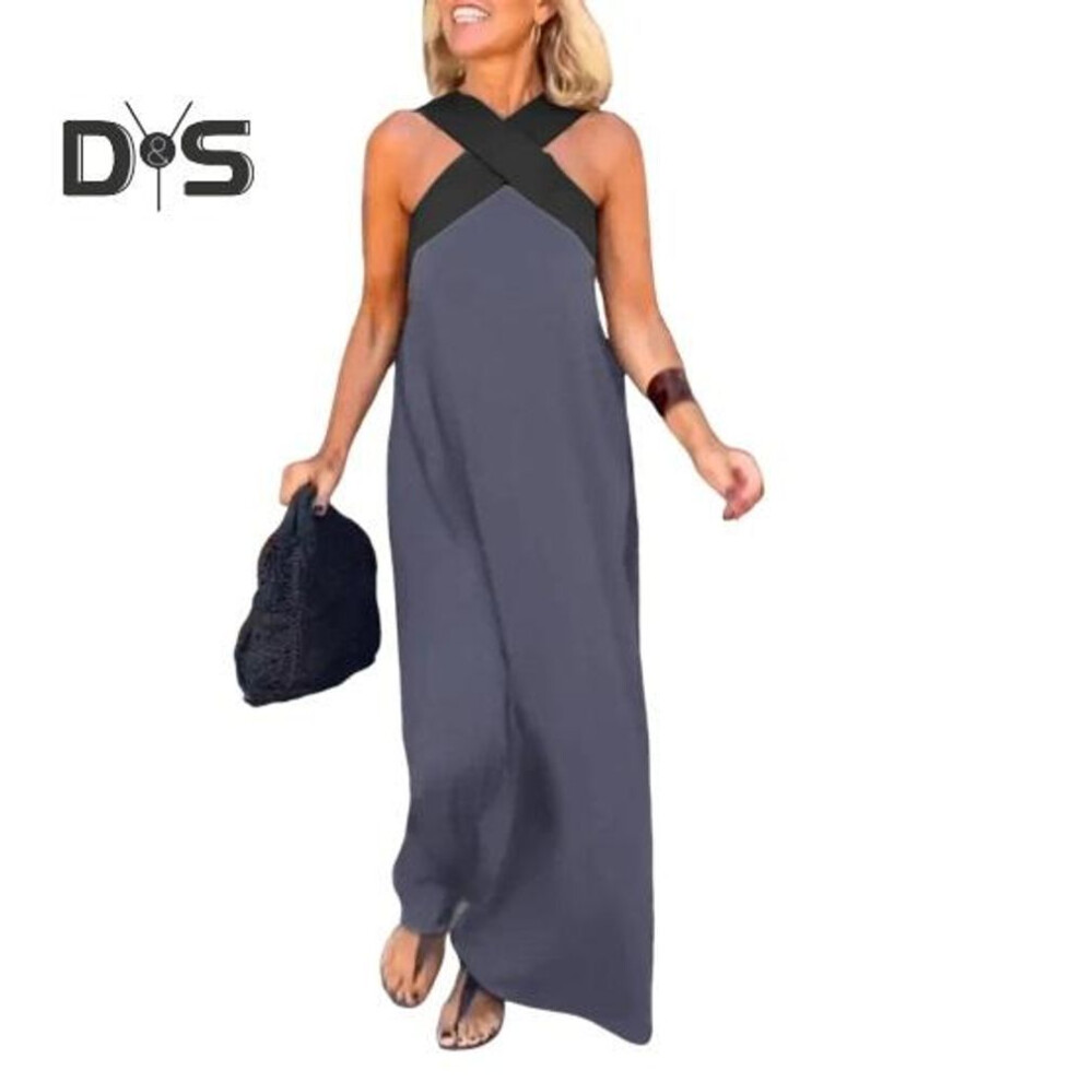(grey, M) Women Evening Dress Cross Neck Off Shoulder Backless Robe Dress Solid Color Loose Maxi Dress For Beach Party Prom Vacation