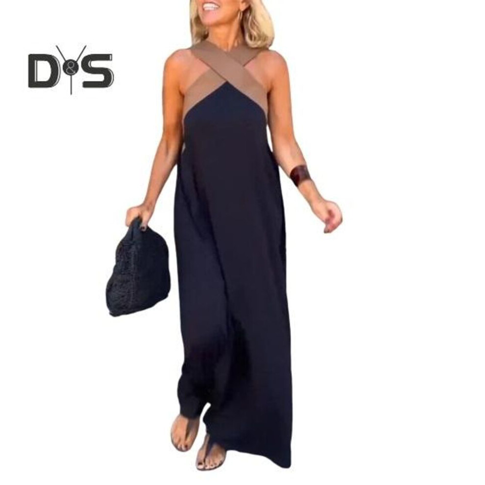 (black, L) Women Evening Dress Cross Neck Off Shoulder Backless Robe Dress Solid Color Loose Maxi Dress For Beach Party Prom Vacation