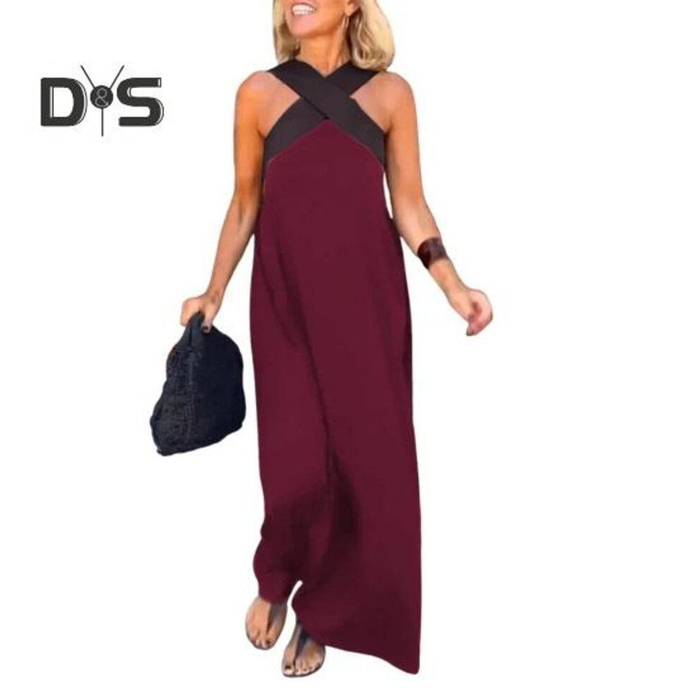 (wine red, XL) Women Evening Dress Cross Neck Off Shoulder Backless Robe Dress Solid Color Loose Maxi Dress For Beach Party Prom Vacation
