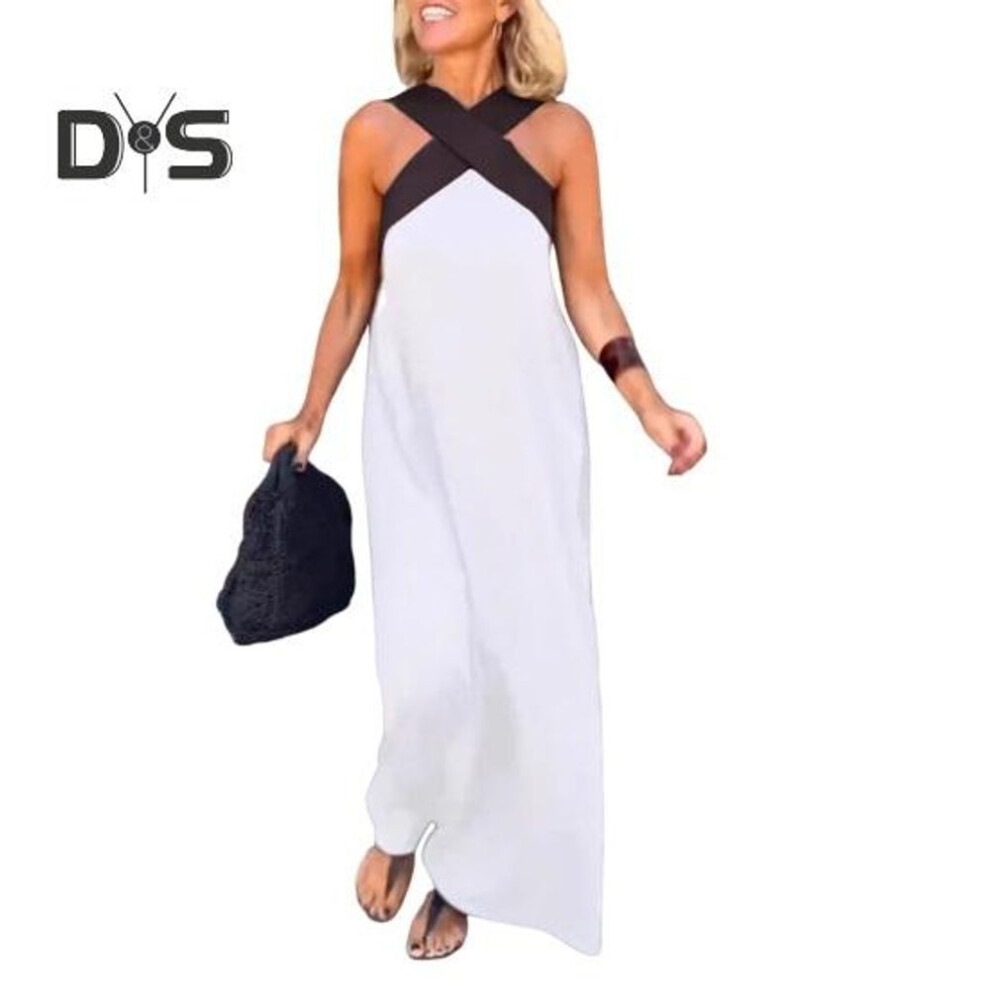 (white, 3XL) Women Evening Dress Cross Neck Off Shoulder Backless Robe Dress Solid Color Loose Maxi Dress for Beach Party Prom Vacation