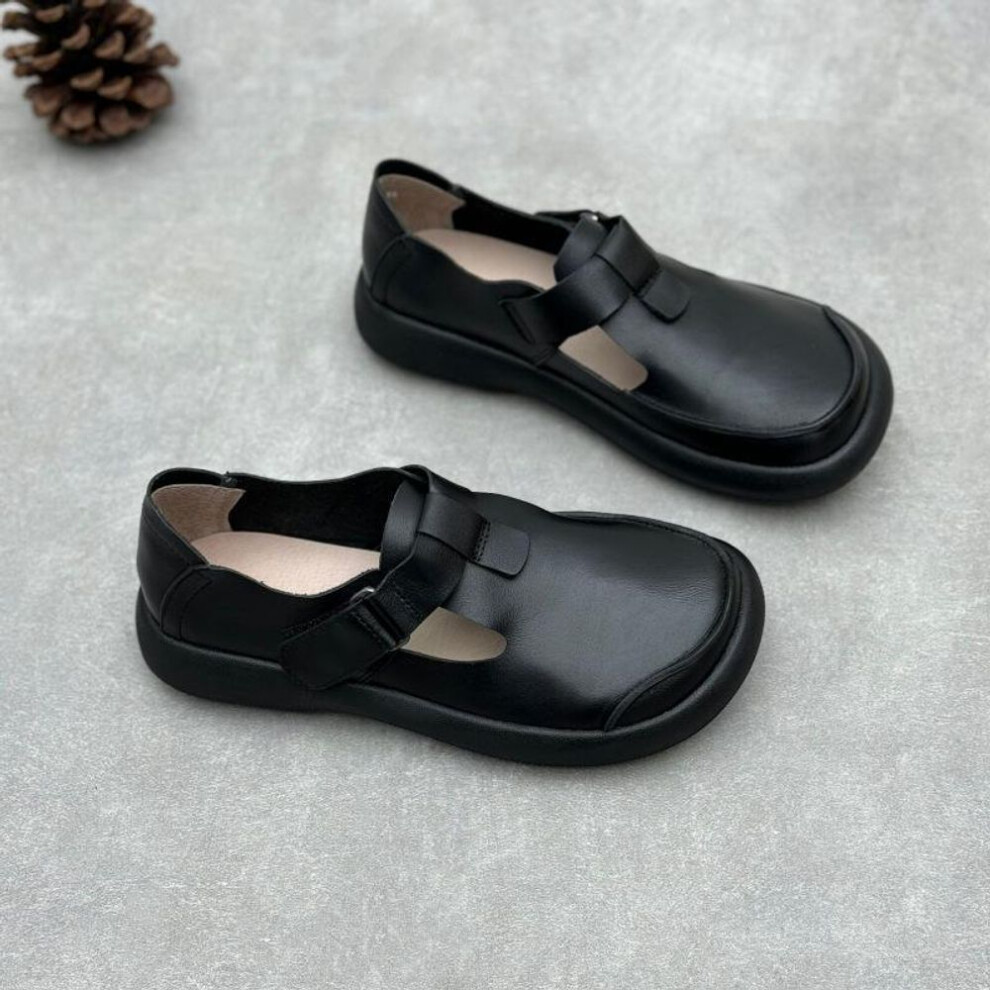 (black, 40) Johnature Retro Handmade Loafers Genuine Leather Women's Shoes Round Toe Casual Cowhide Women's Flat Shoes