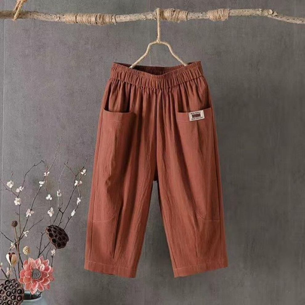 (brown, XXXL) Cotton Hemp Cropped Pants Women's Summer Loose Plus Size Linen Elastic Waist Haren Pants Summer Women's Casual Pants
