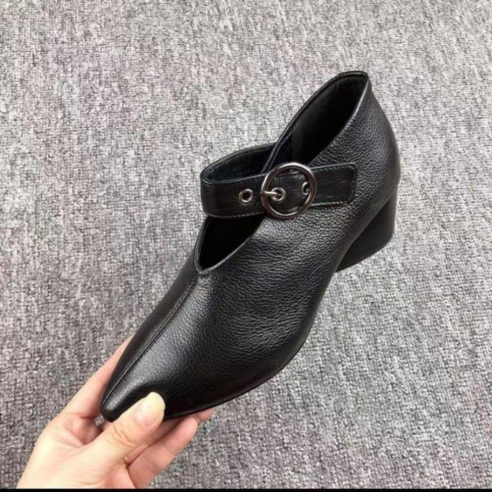 (black, 40) Women's Fashion Soft Leather Pumps Sandals  High Heels Spring Autumn Korean Style Pointed Thick Heel Shoes