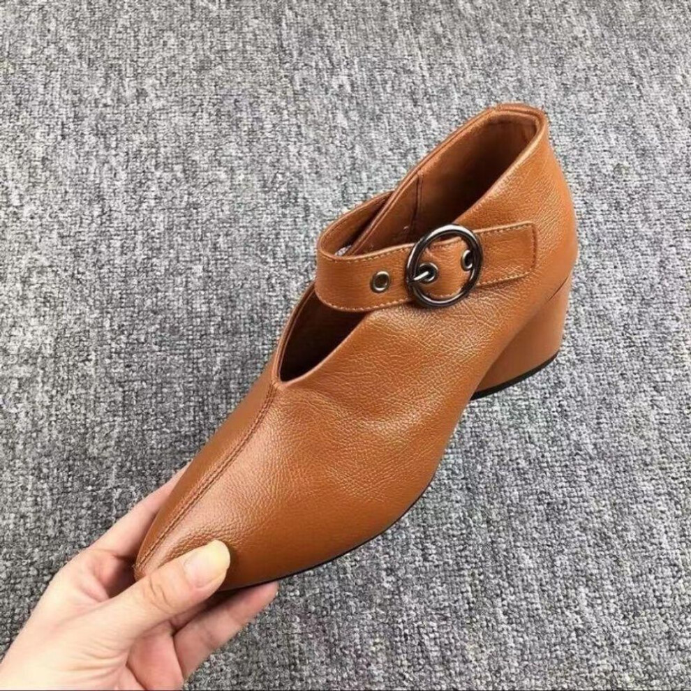 (brown, 39) Women's Fashion Soft Leather Pumps Sandals  High Heels Spring Autumn Korean Style Pointed Thick Heel Shoes