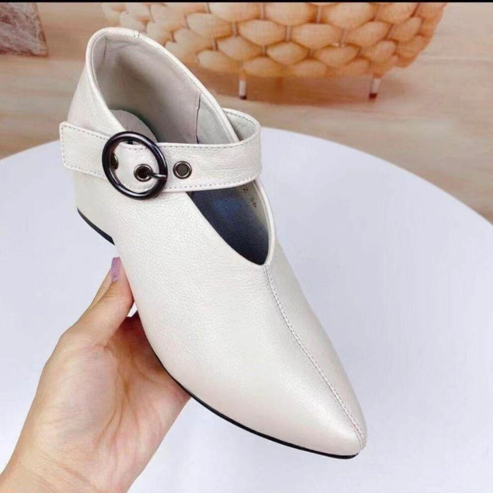 (beige, 36) Women's Fashion Soft Leather Pumps Sandals  High Heels Spring Autumn Korean Style Pointed Thick Heel Shoes