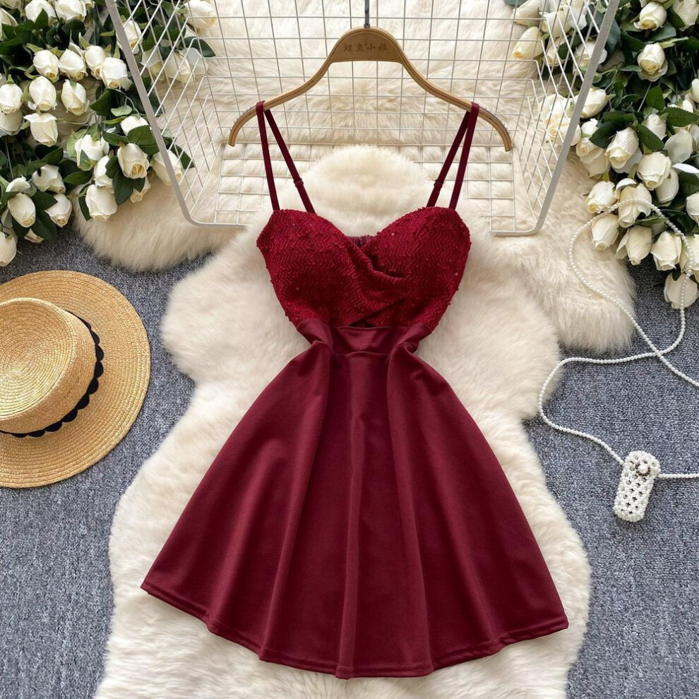 (red, M) Summer Women V-neck Sexy Spaghetti Strap Mini Short Sexy Club Party Dresses