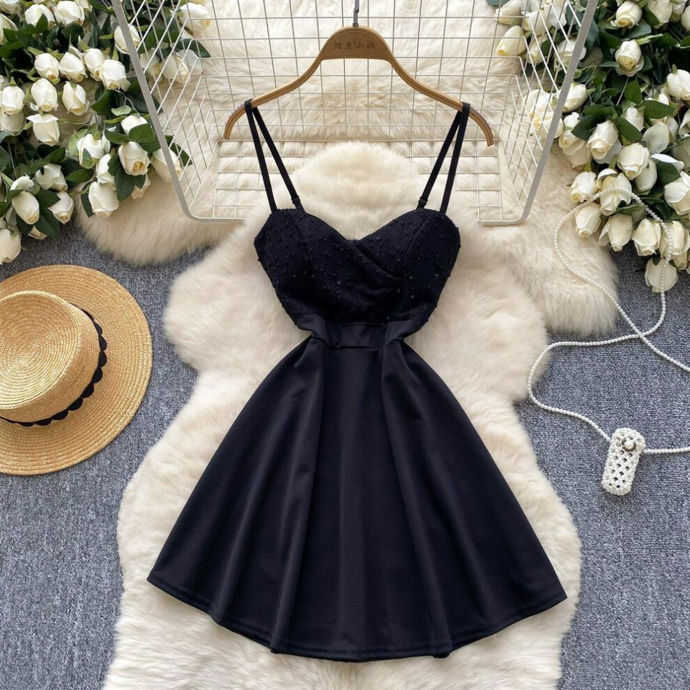 (black, M) Summer Women V-neck Sexy Spaghetti Strap Mini Short Sexy Club Party Dresses