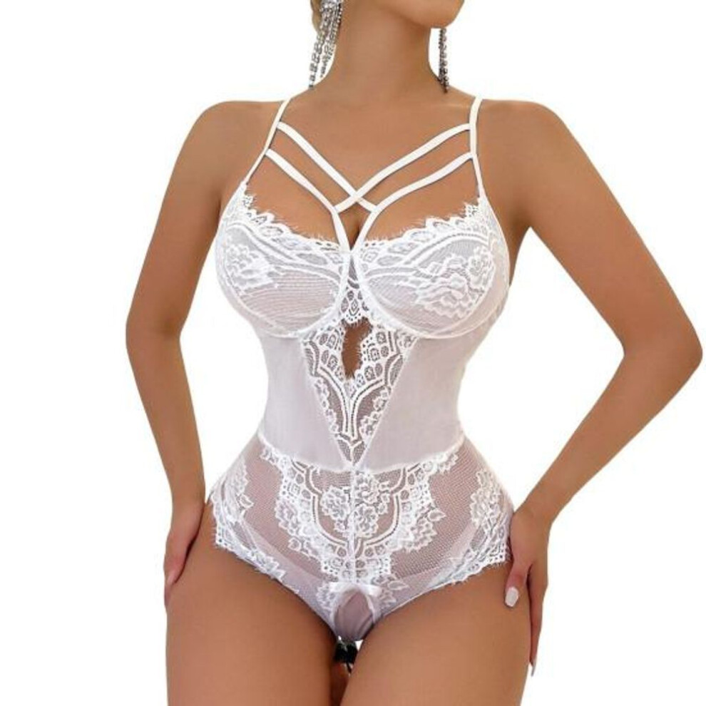 (white, L) Women Sexy Bodysuit Low-cut Backless Sleeveless Thin See-through Lace Deep V Neck Flower Embroidery Spaghetti Strap Skinny Lady Wedding Night Playsuit