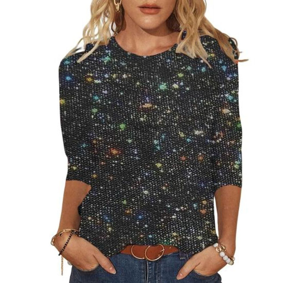 (XL, black) Women T-shirt Crew Neck 3/4 Sleeves Glitter Pullover Tops Shiny Sequins Solid Color Shimmering Blouse