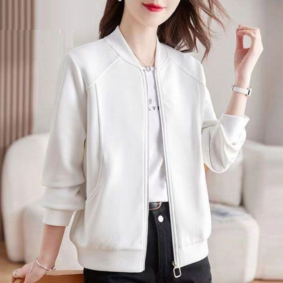 (white, M) Chic Vintage Zip-up Baseball Jacket Women Thin Cardigan Solid Color All-match Top Coat For Spring Autumn