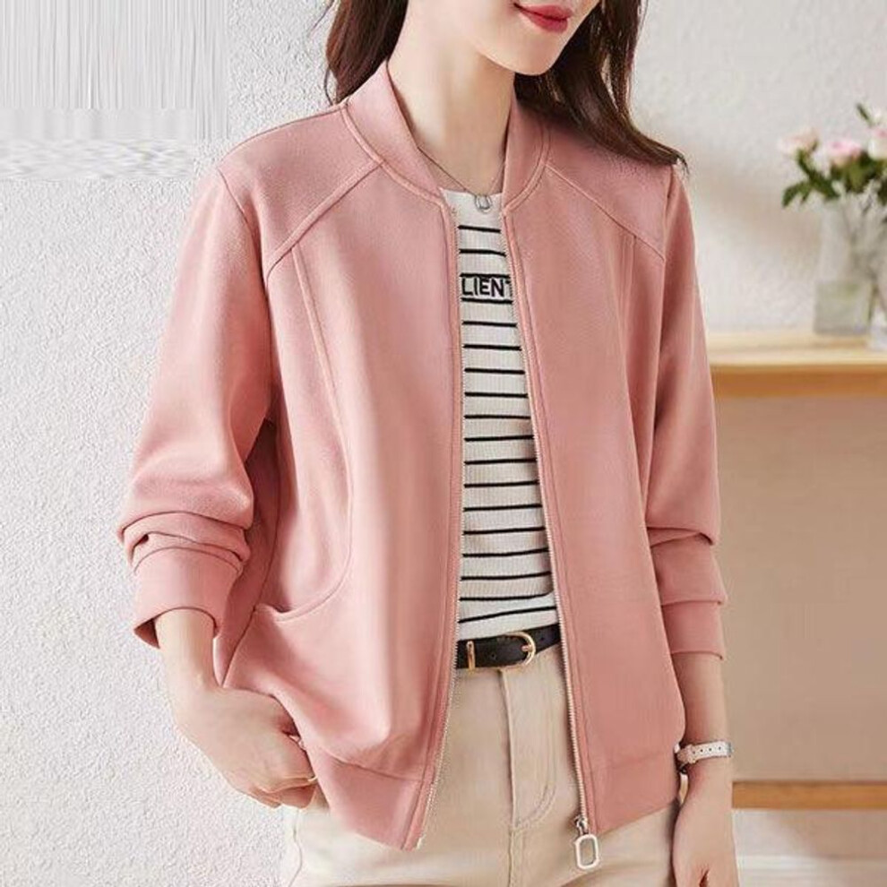 (pink, XXL) Chic Vintage Zip-Up Baseball Jacket Women Thin Cardigan Solid Color All-Match Top Coat for Spring Autumn