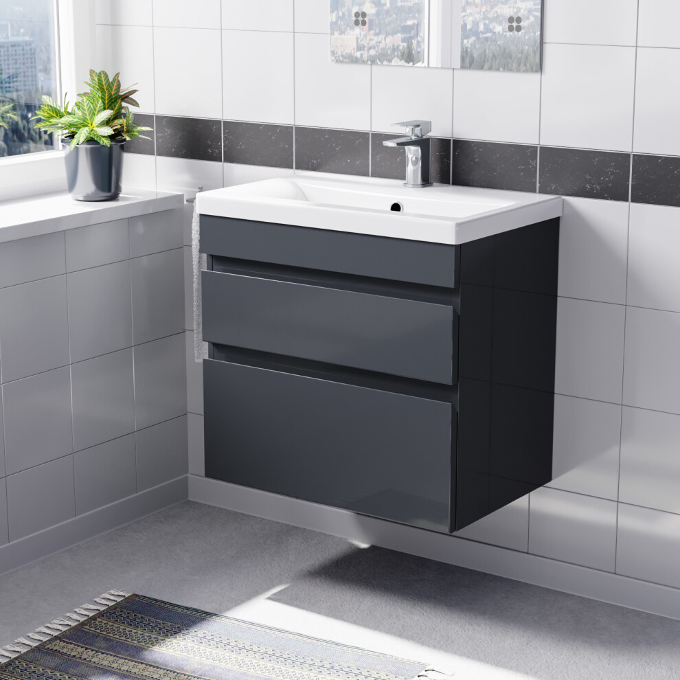 Nes Home Dark Grey 600mm PVC 2 Drawer Wall Hung Vanity Cabinet & Basin Sink Unit
